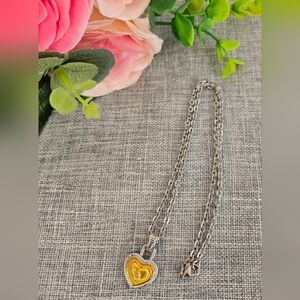 Vintage Plated Enamel Diamond Heart Silver Tone Necklace‎